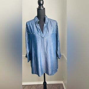 Tamnoon Denim Beaded V Neck Tunic Blouse Top Size XL